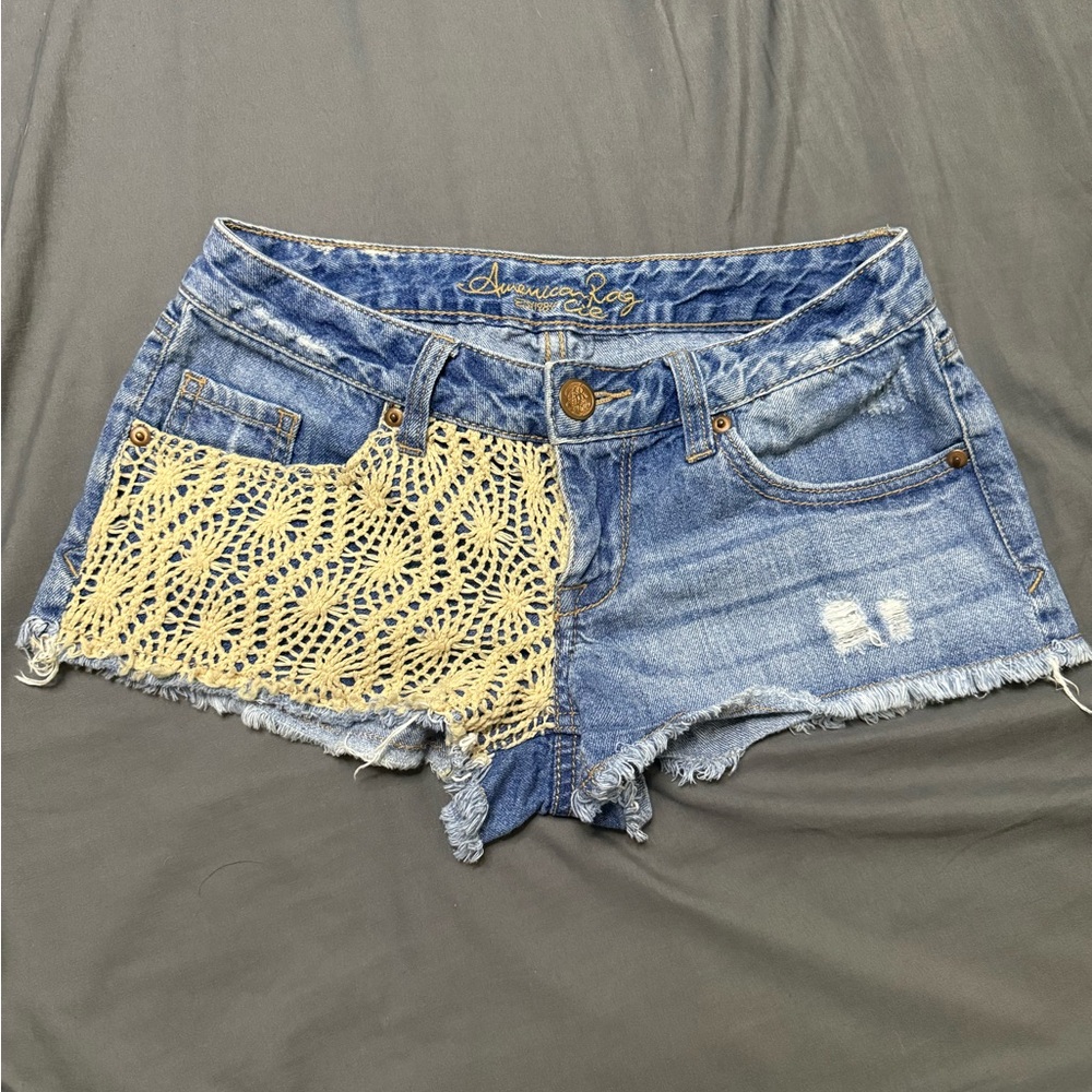 American Rag Blue and Cream Jean Shorts with Crochet Detail